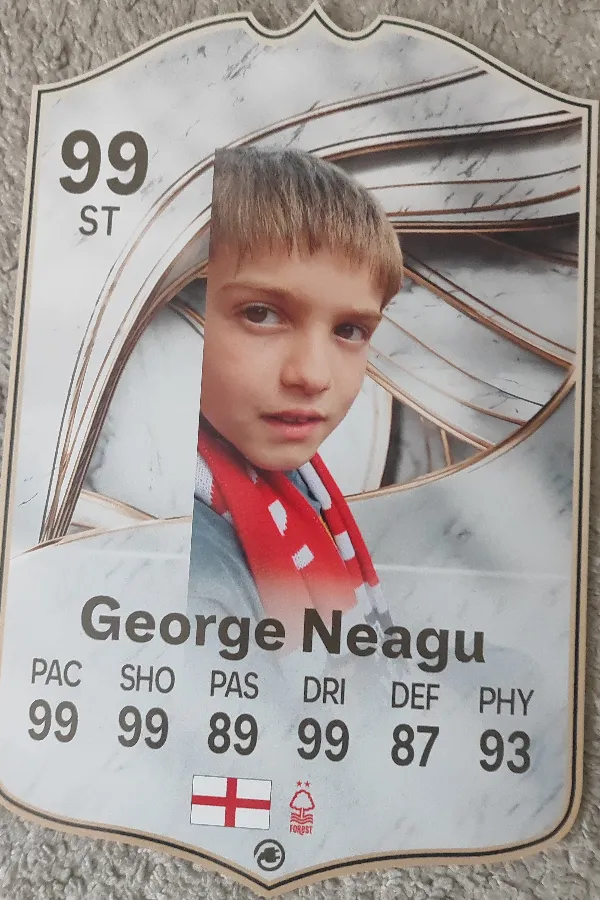 George's 99-rated striker player card, with an England flag and the Forest badge